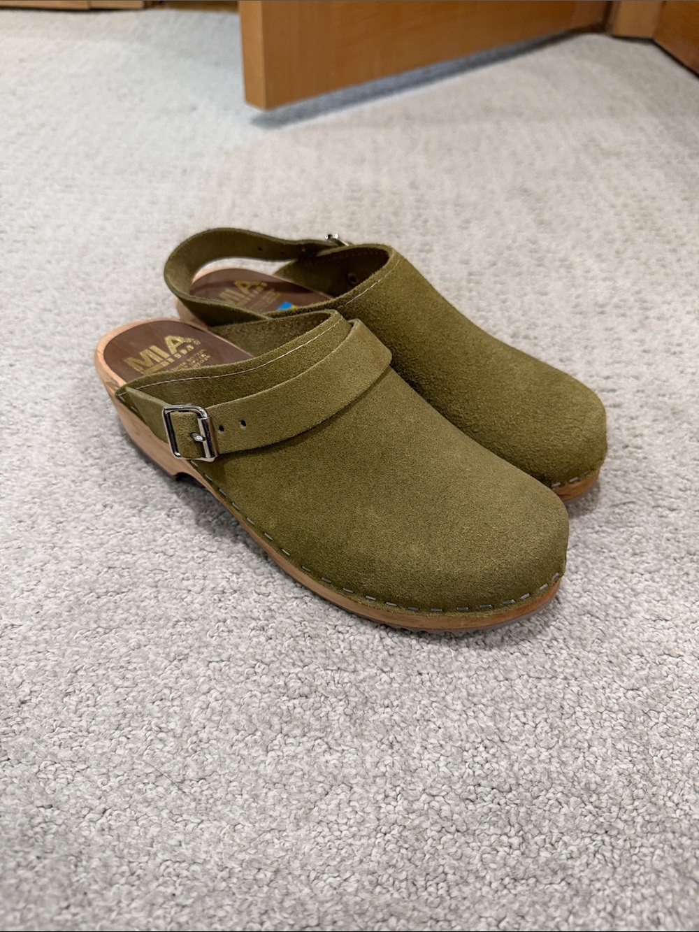 MIA Olive Green Suede Clog with Buckle Backstrap